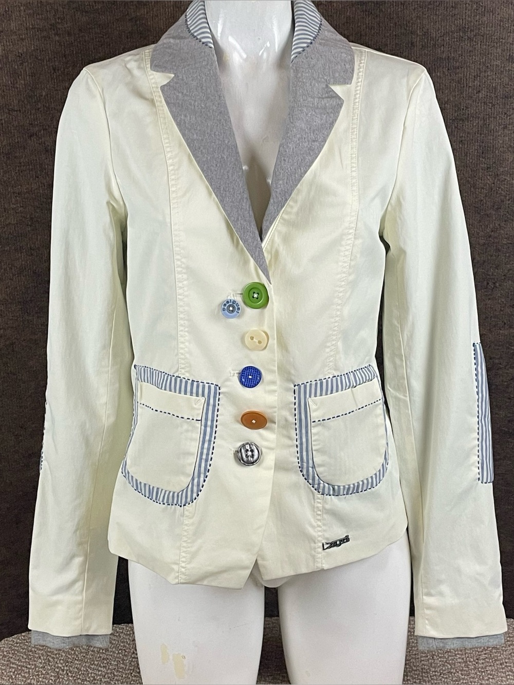 Desigual Blazer Women 40 Embroidered Mixed Media Mismatched Buttons Indie Boho